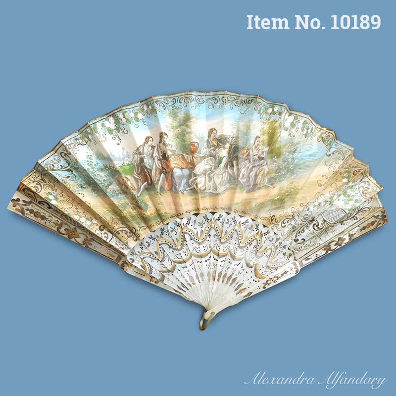 Item No. 10189: A Very Attractive French Fan With Painted Scene And Mother Of Pearl Sticks, French ca. 1860