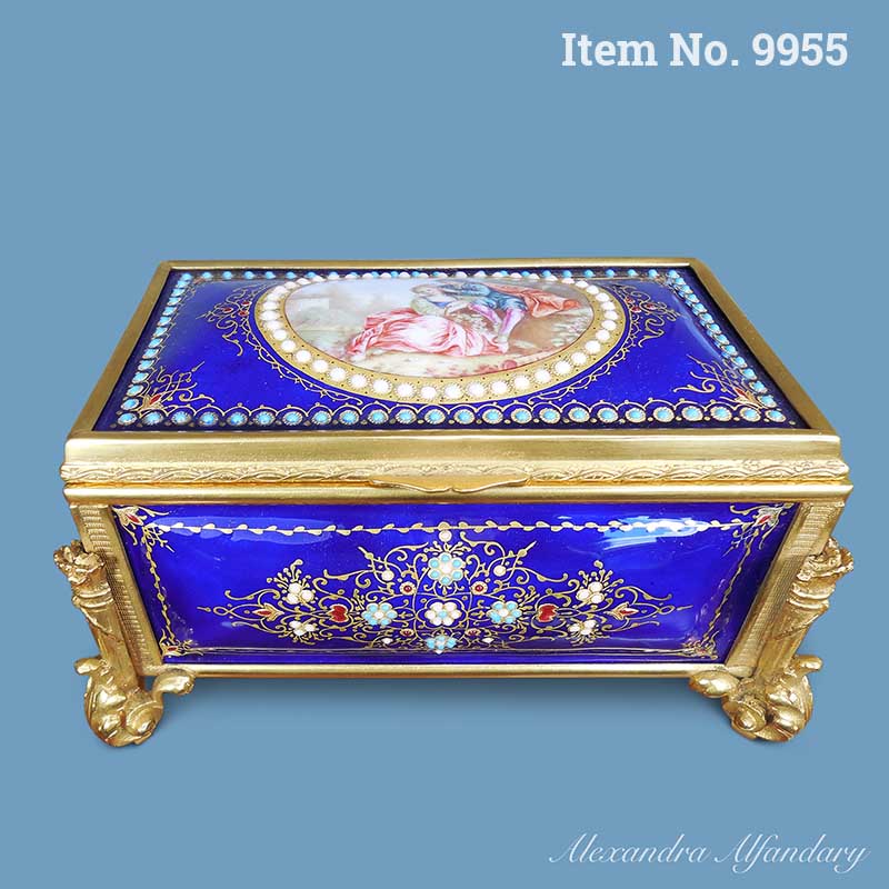 Item No. 9955: A French Blue Enamel Box Painted With Romantic Scene To Lid, Gilt Metal Mounts, ca. 1880-1900